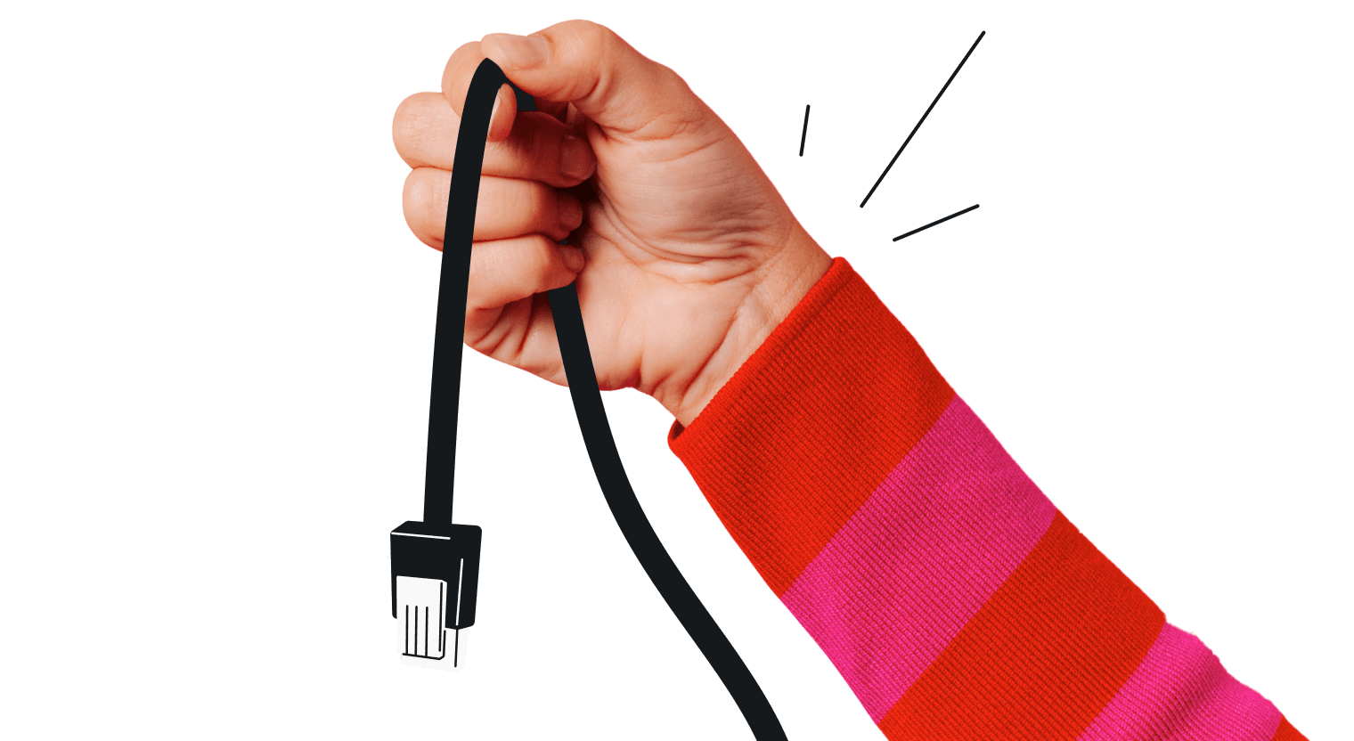 A hand in a striped sleeve gripping a black cable, with a set of impact lines radiating outward.