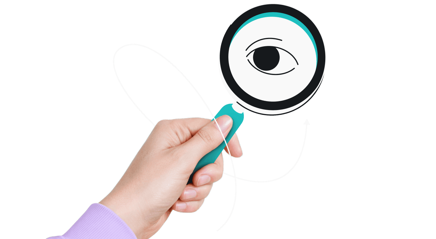A hand holding a magnifying glass over an eye.