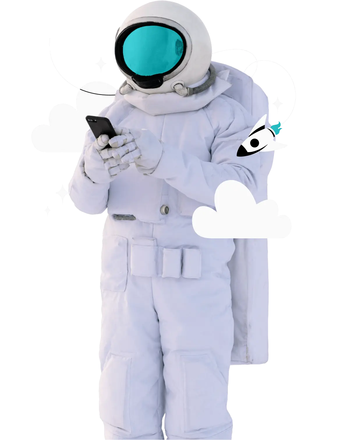 Uma pessoa com roupa de astronauta usando o celular.