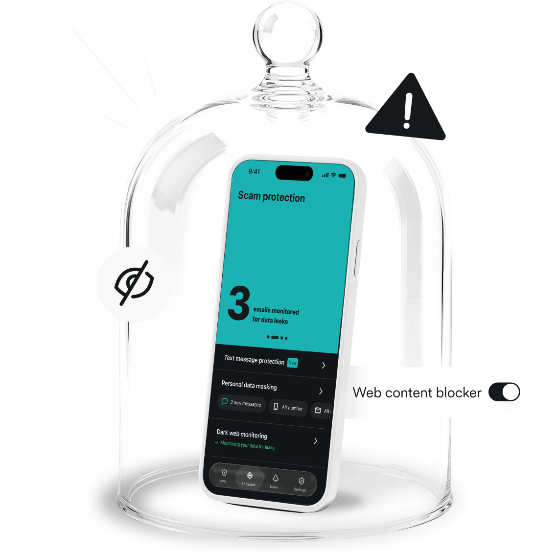 Smartphone inside a glass cloche showing a Scan protection interface with a Web content blocker toggle switch.