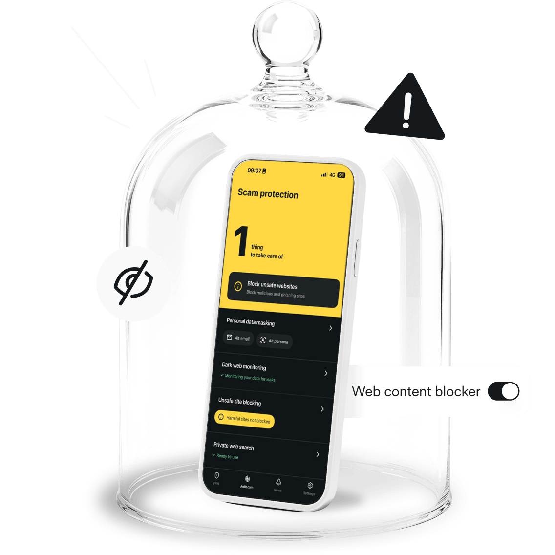 Smartphone inside a glass cloche showing a Scan protection interface with a Web content blocker toggle switch.