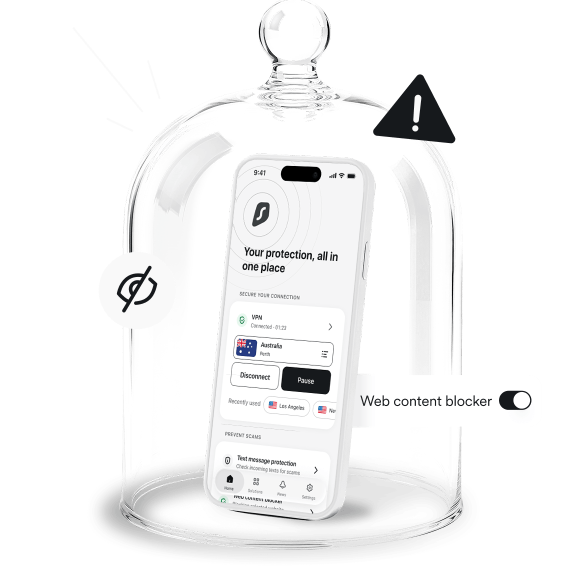 Smartphone displaying the Surfshark VPN app interface under a glass dome with a crossed out eye icon, a warning icon, and web content blocker overlay toggled in the on position.