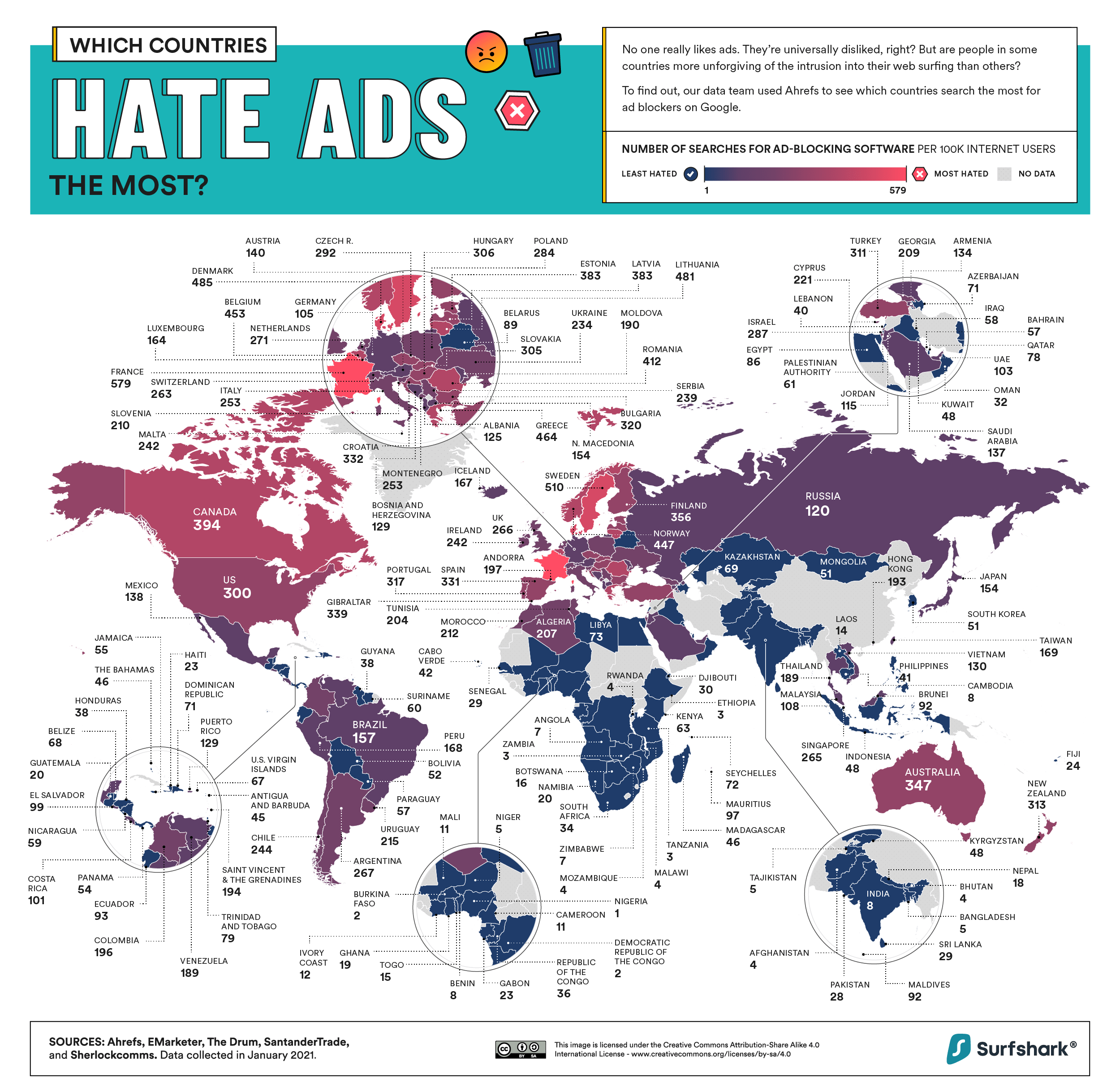a map that shows which countries in the world made the most Google searches for ad blocking software