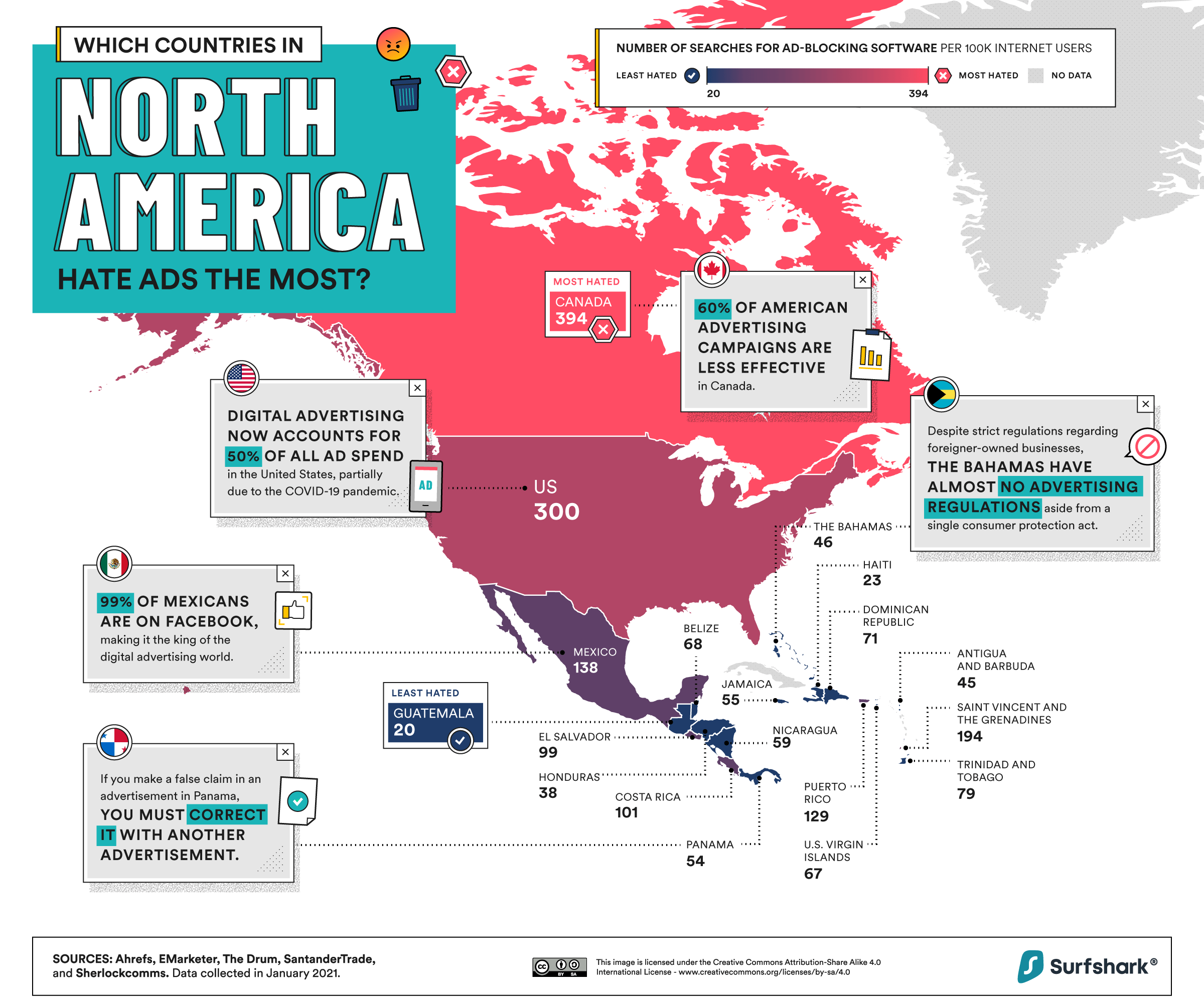 a map that shows which countries in North America made the most searches on Google for ad blocking software