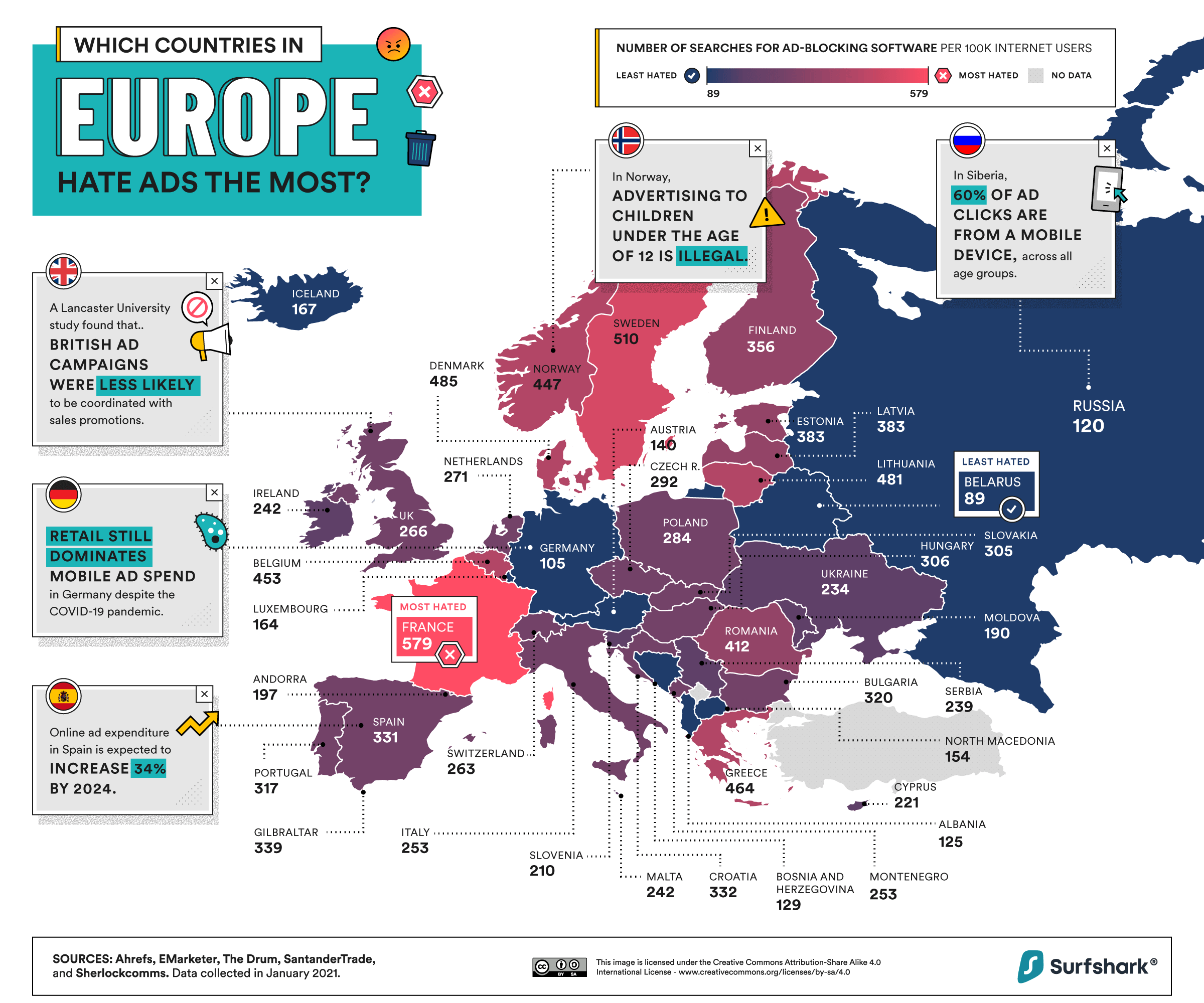 a map showing which countries in Europe made the most Google searches for ad blocking software
