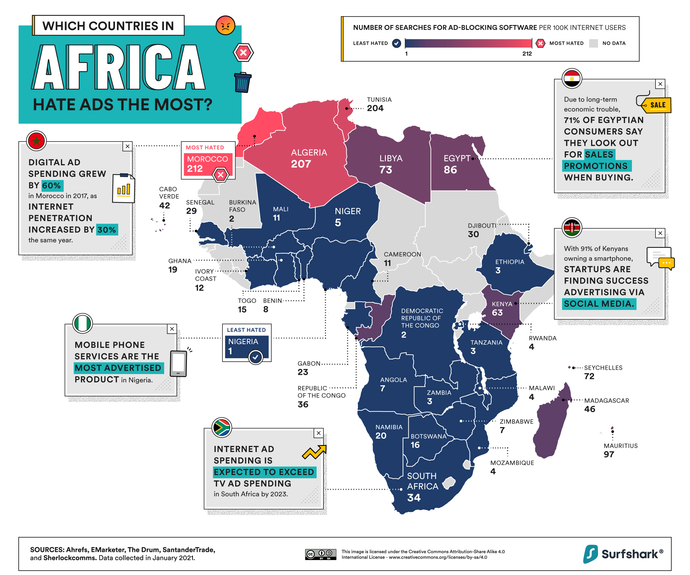 a map showing which countries in Africa made the most Google searches for ad blocking software