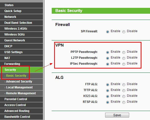 TP-Link Archer 7 router vpn passthrough