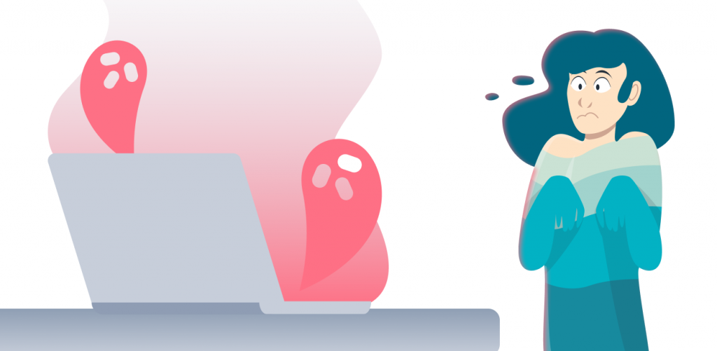 A worried looking woman next to ghostly red shapes emerging from a laptop under a malware attack.