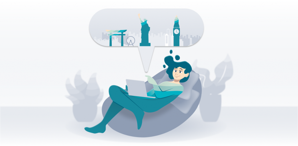 A person is lounging on a beanbag with a speech bubble coming out of their laptop showing a tori gate, Statue of Liberty, and Big Ben, implying changing locations with a VPN.