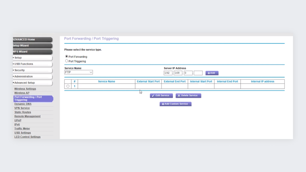 Panel showing router settings of port forwarding and port triggering