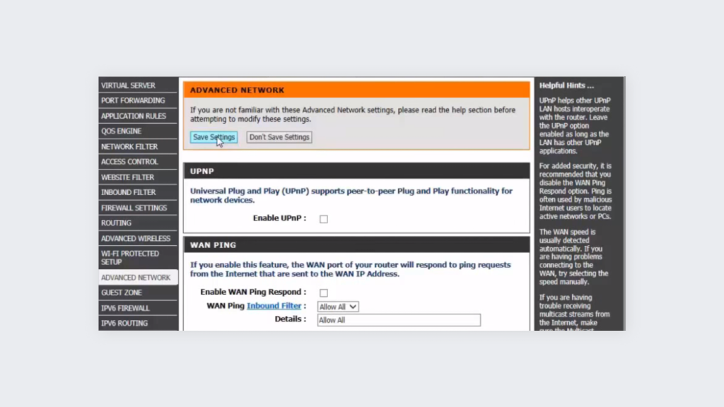 A display window of the universal plug-and-play panel found on the router's settings