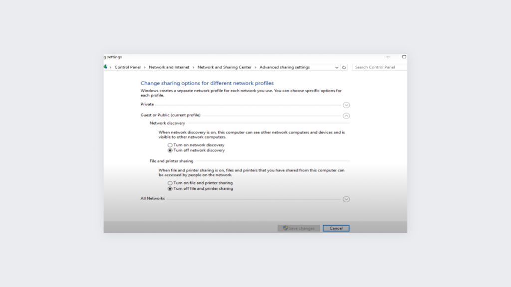 A screenshot of the Control Panel on Windows 10 showing how to access advanced sharing settings and network discovery