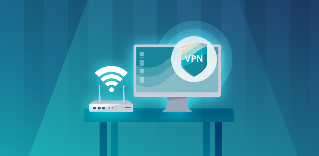 An image of a router emanating a Wi-Fi signal and a computer with a VPN shield over it.