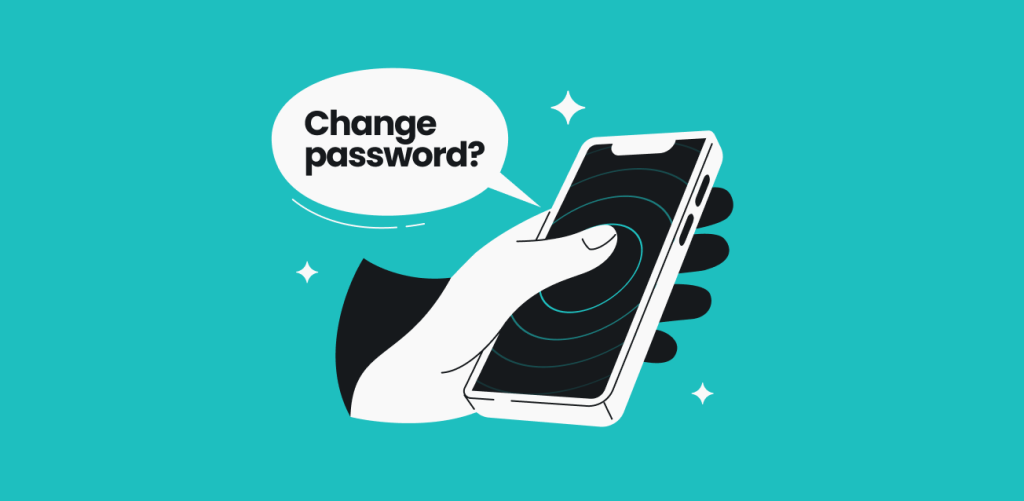 Hand holding a phone. There's a speech bubble with a question "Change password?" above the hand with a phone.