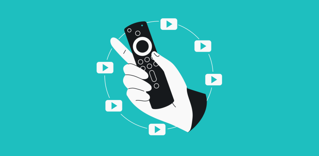 A hand holding a remote surrounded by six play button icons