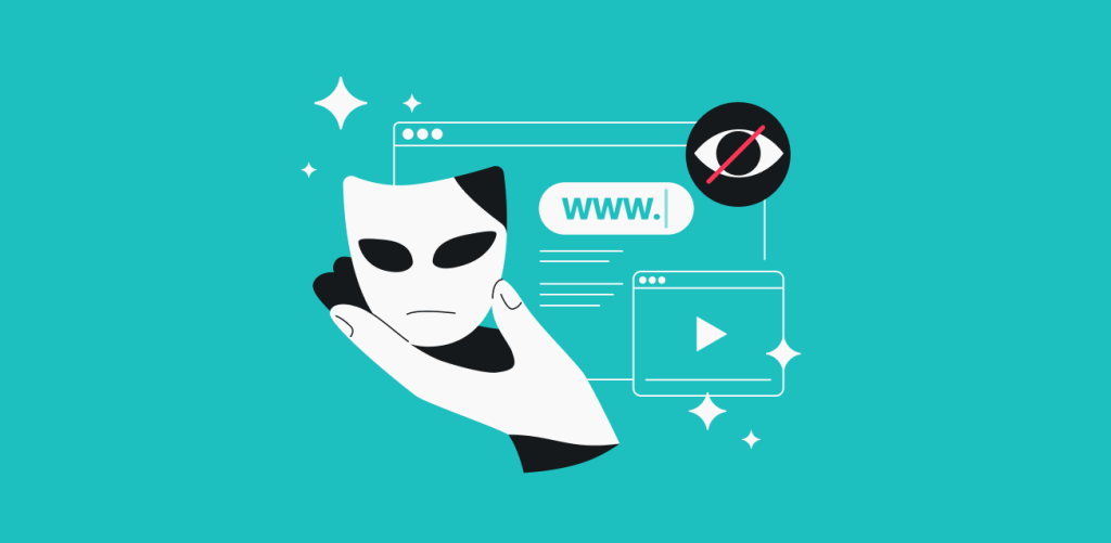 A hand holding a mask with two browser screens and a crossed-out eye behind it.