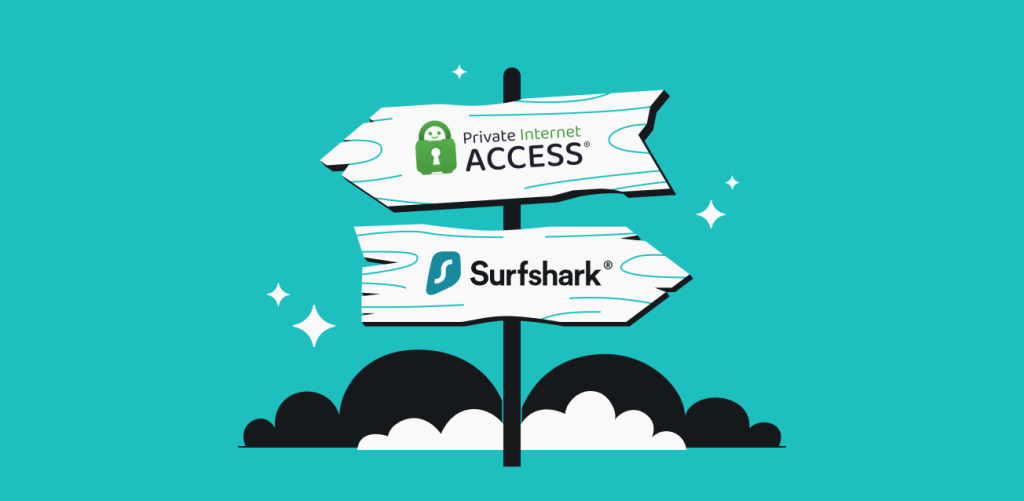 There's a sign with two arrows on it; one arrow points to the right and reads ''Surfshark'', and the other points to the left and reads "Private internet Access."