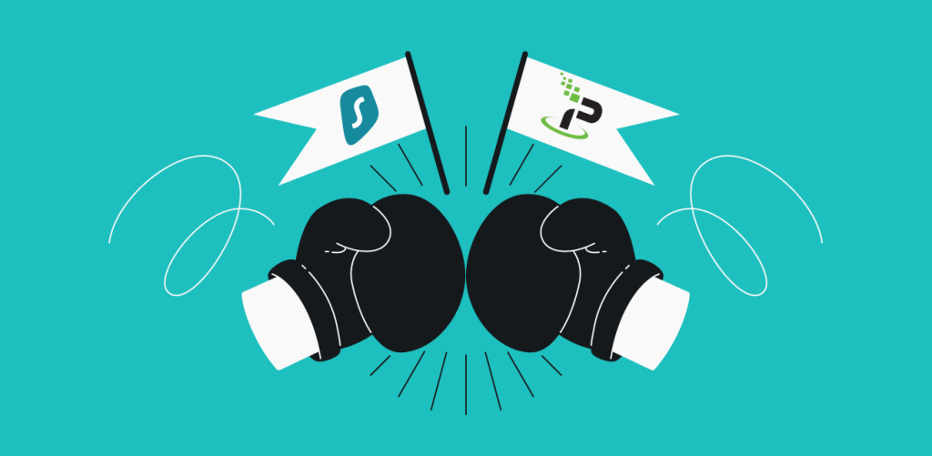 Two boxing gloves are about to hit, and two flags are behind them — one has Surfshark's logo, and the other has an IPVanish logo.