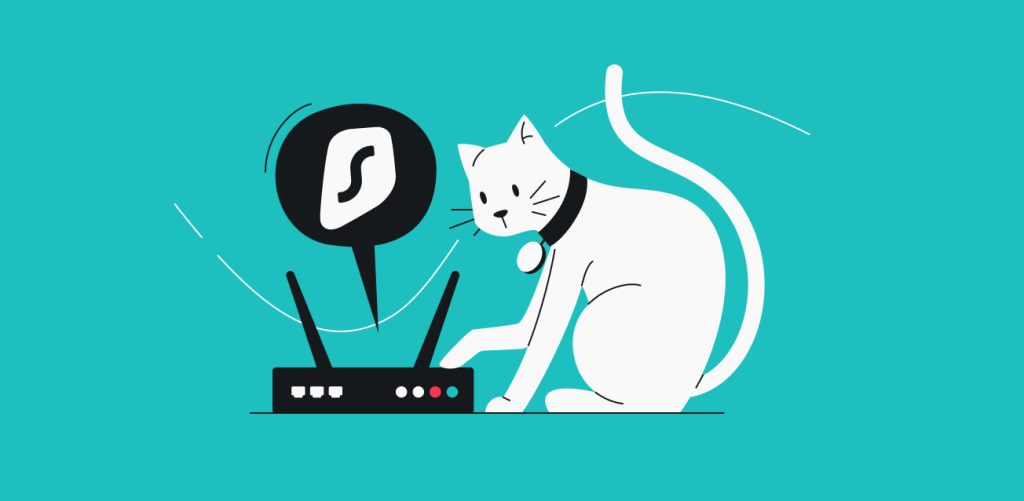 A cat is playing with a router that is protected with Surfshark VPN.