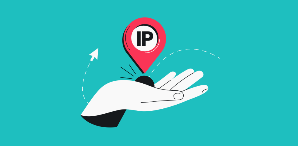 A hand holding a round shape with an IP location pin above it