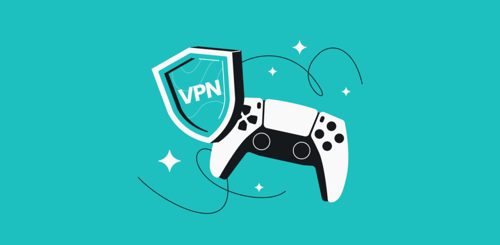 A gaming controller placed next to a shield with VPN written on it.