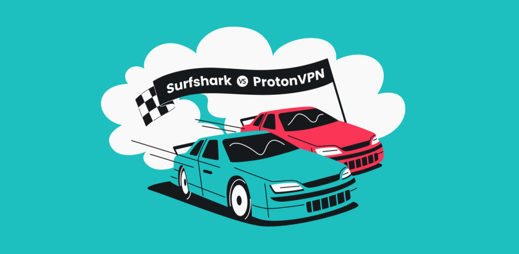 Two cars on a racing track. There’s a banner saying “Surfshark vs. ProtonVPN” above the vehicles.