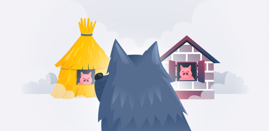 A wolf deciding between free vs. paid antivirus represented by two pigs, one in a hay house and one in a brick house