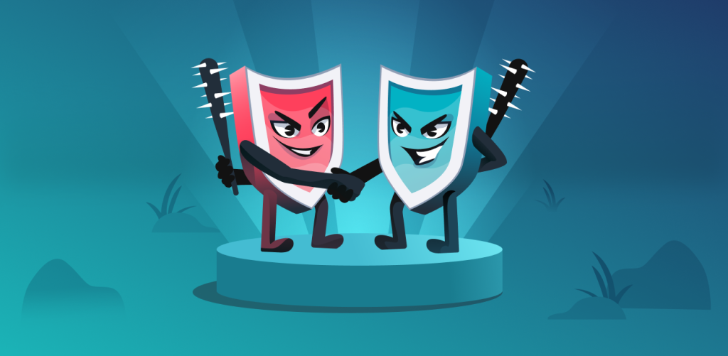 Two antivirus shields greeting each other with bats behind them