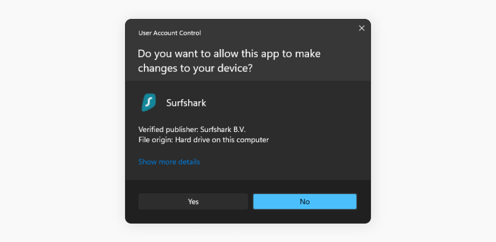 Une invite Windows standard se demandant si l'utilisateur souhaite installer Surfshark