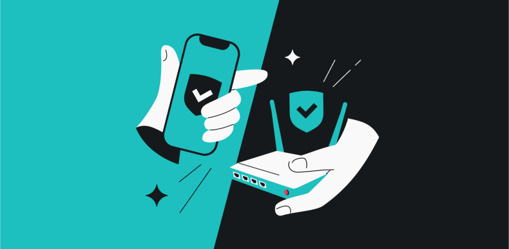 One hand holding a router, and the other holding a smartphone. Both devices have shields with check marks on them.