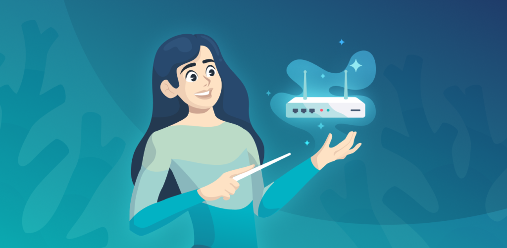A woman is pointing a magic wand at her router, the router is emanating light beams because of it