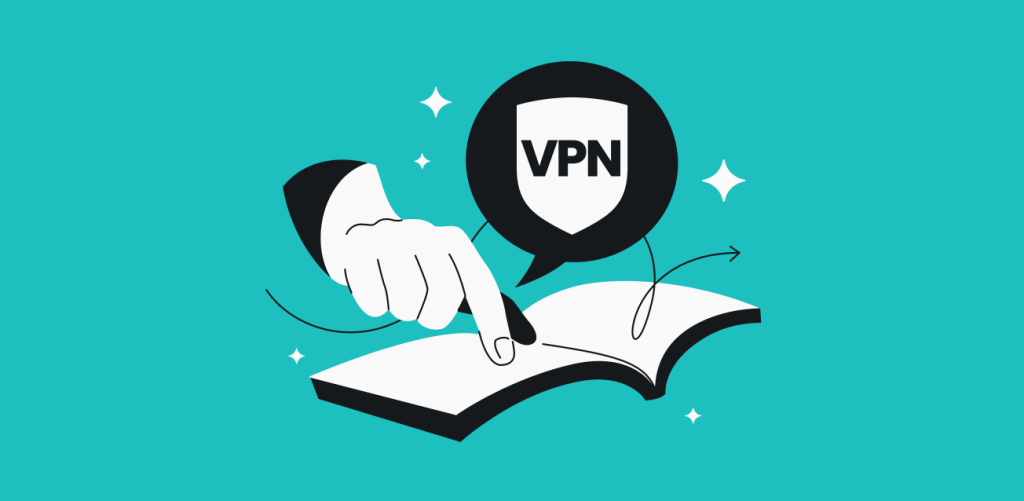 A hand pointing at an open book with a chat box coming out of it that says VPN