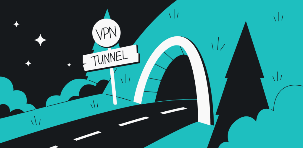 A road leading into a tunnel with a sign labeled VPN tunnel.