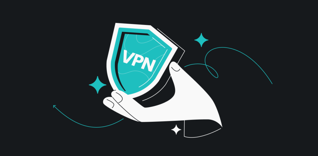 A white hand holding a blue shield with "VPN" on it on a black background and three stars around it.