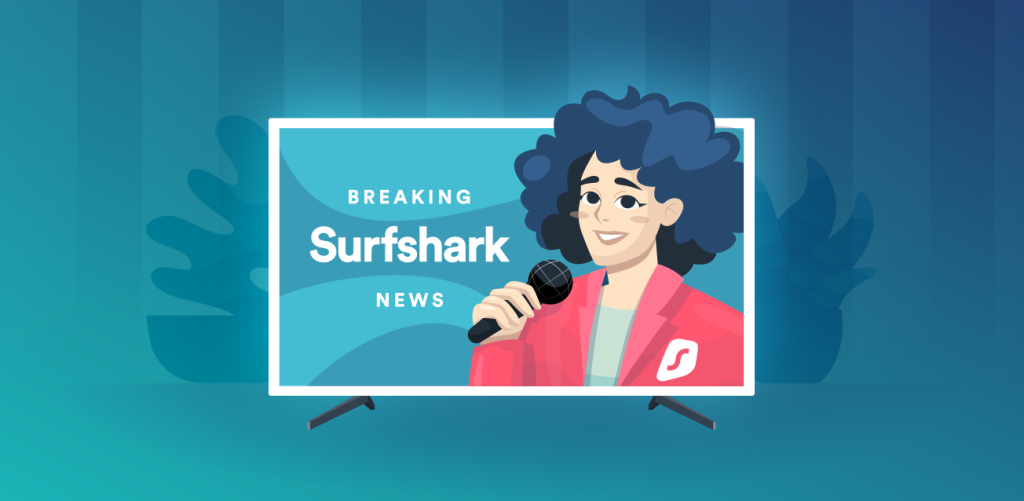 A person on a TV screen presents the latest Surfshark news.