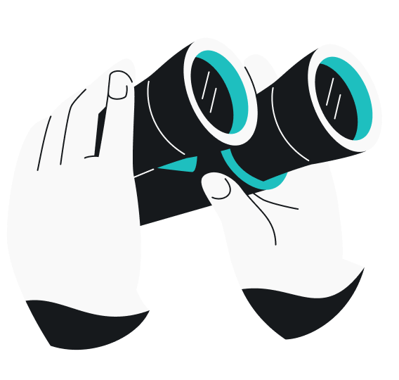 Two stylized hands holding a pair of black binoculars, set against a teal background.