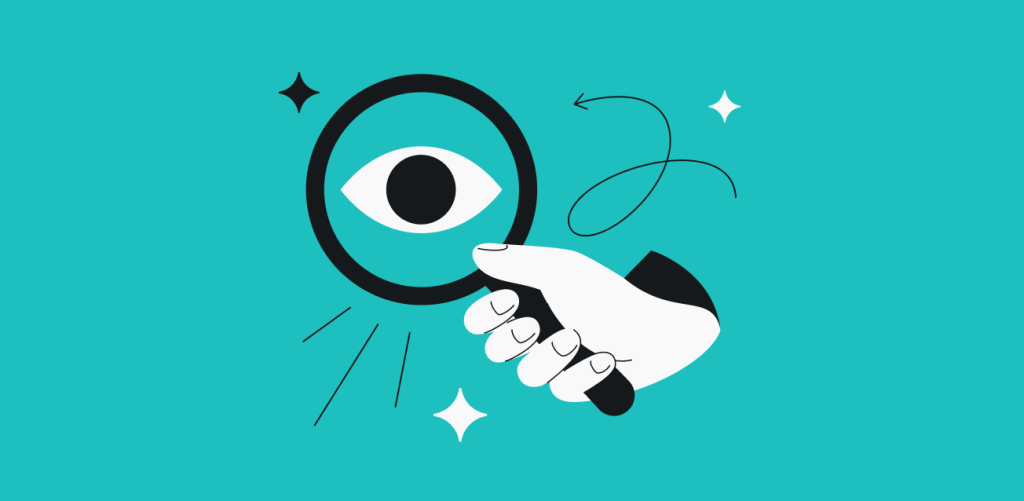 A hand holding a black magnifying glass with an eye symbol inside, surrounded by stylized lines and sparkles.