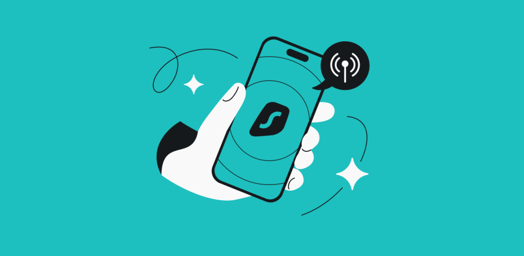 A hand holding a smartphone with the Surfshark logo, a cellular network symbol in a speech bubble, and two stars.