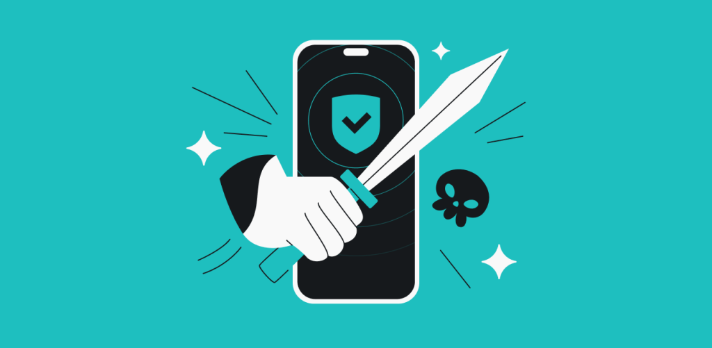 A smartphone displaying a checkmarked shield surrounded by a hand holding a knife, a skull, and three stars.