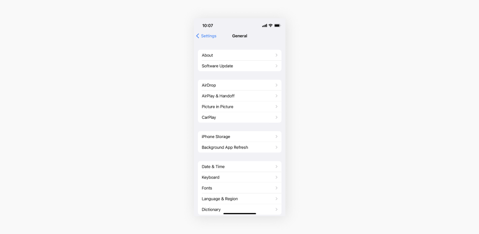 A screenshot of an iPhone general settings menu