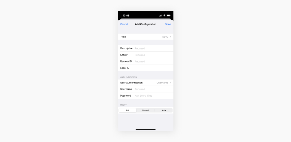 A screenshot of an iPhone VPN configuration settings