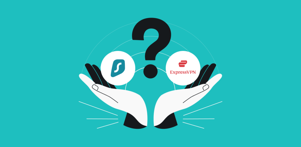 Two logos of Surfhsark and ExpressVPN are hovering over two open palms with a question sign in the middle.