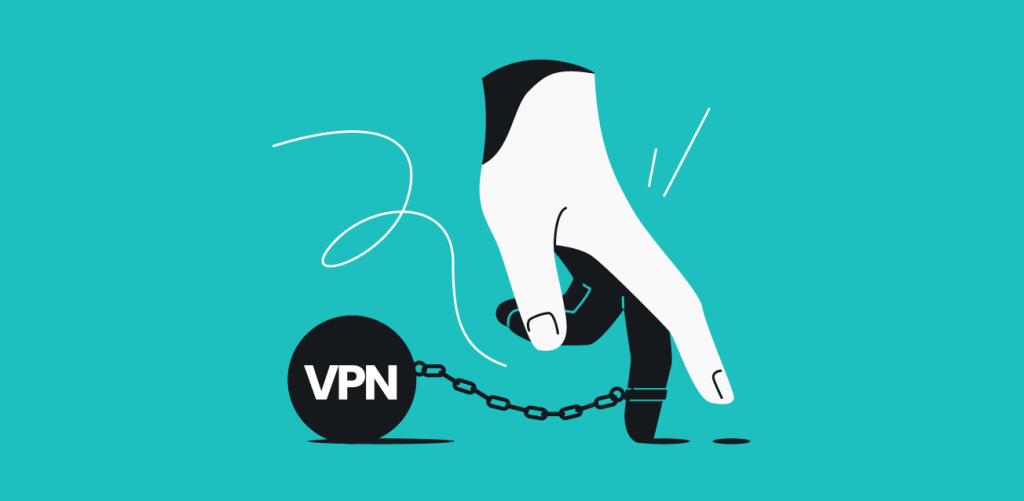 A hand walking on two fingers, one finger is chained to a ball with VPN on it