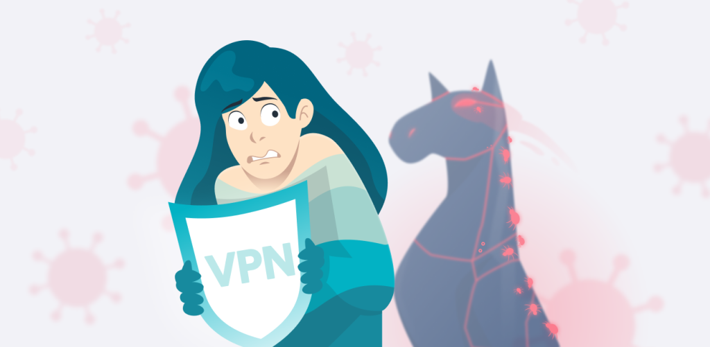 Una persona usa uno scudo e si nasconde da un virus informatico, mostrato come un cavallo
