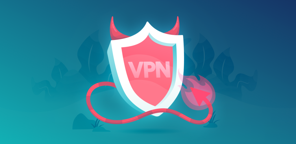 A shield with the text “VPN” on it and red horns and a tail, implying devilish dealings or a VPN scam.