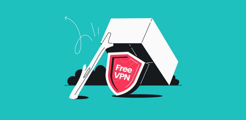 A shield under a propped up box trap saying free VPN in a speech bubble.