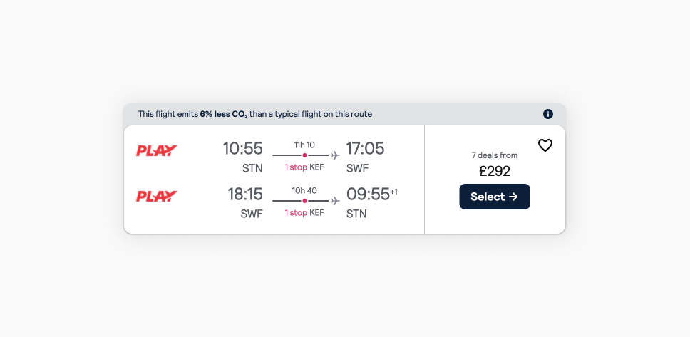 Uma captura de tela dos resultados de busca do Skyscanner para voos de Nova York para Londres com a estimativa de passagem em £292