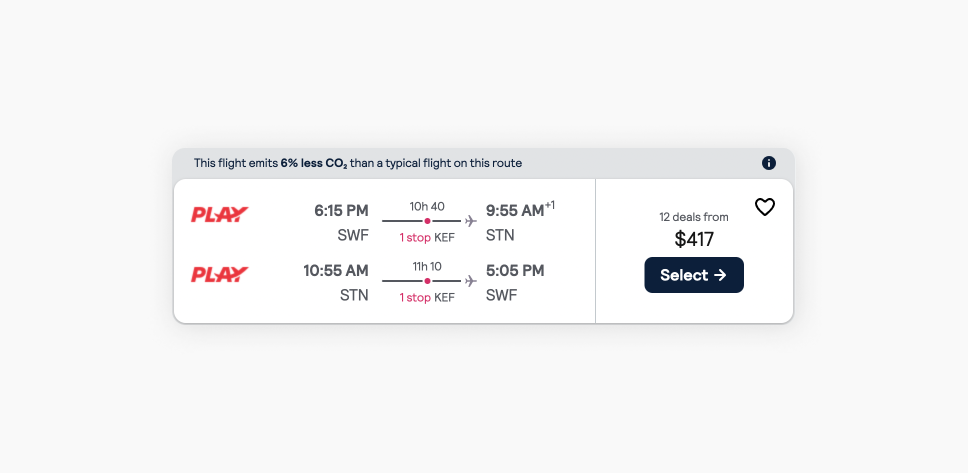 Uma captura de tela dos resultados de busca do Skyscanner para voos de Nova York para Londres com a estimativa de passagem em $417