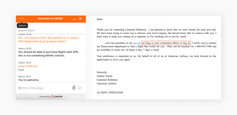 VPN을 사용해 더 저렴한 항공편을 구매하는 것이 합법적인지 문의하는 Kayak.com 및 AA.com 지원팀과의 채팅 화면 캡처