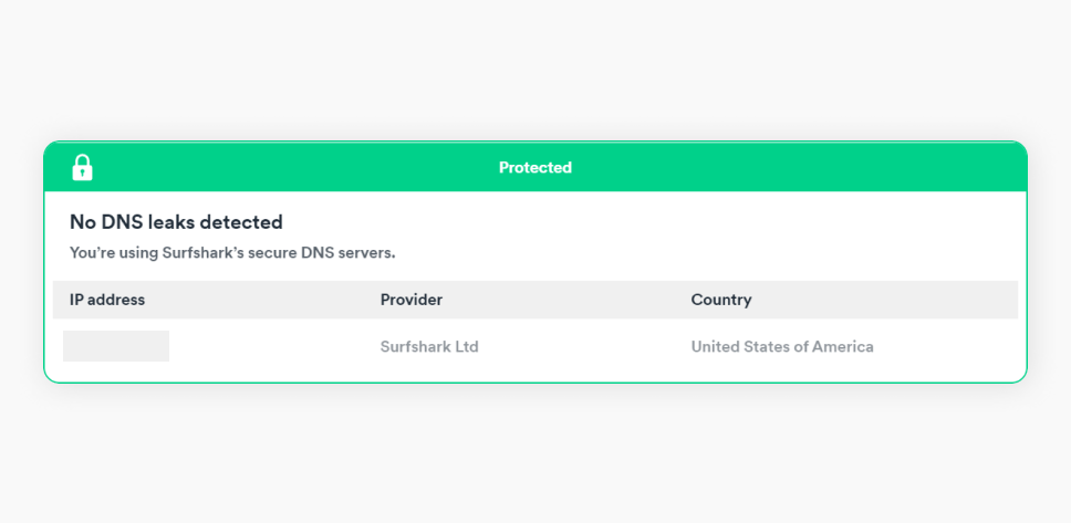 DNS लीक टेस्ट विंडो DNS अनुरोधों को संरक्षित दिखाती है।